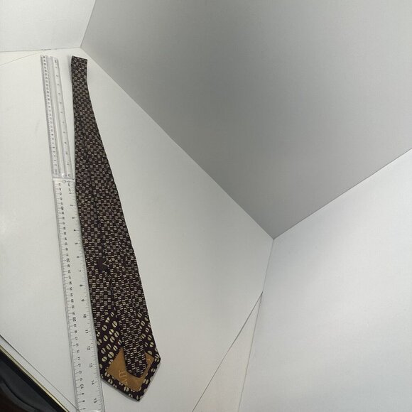 XMI Mens Silk Neck Tie Geometric Brown and Lime Green - Picture 5 of 7